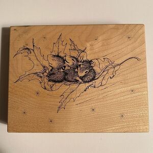 House Mouse Autumn Floating on a Leaf Fall Rubber Stamp 1997